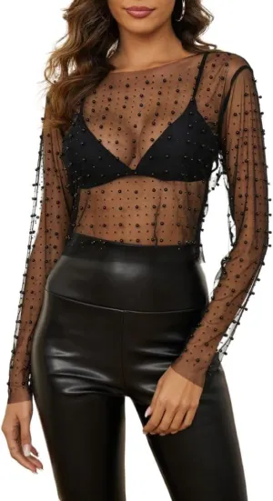 LOFAAC Women Sexy See Through Pearl Rhinestone Beaded Crop Top Y2K Long Sleeve Sheer Mesh Crop Blouse Shirt Clubwear 90s