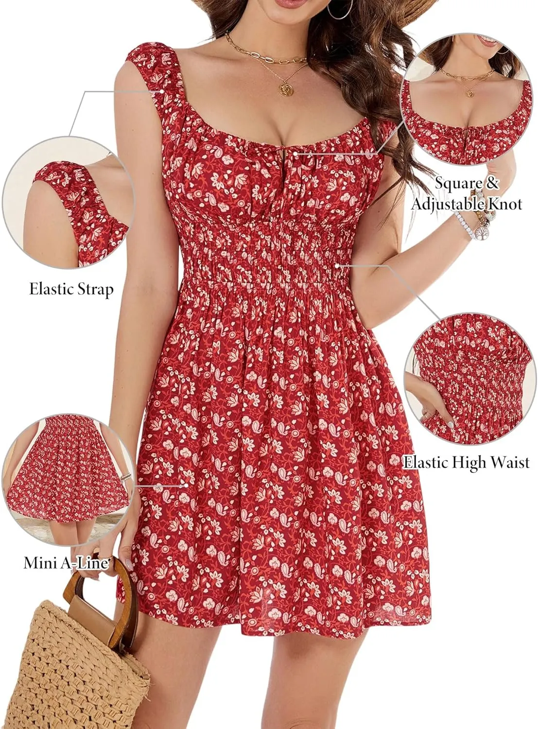 LOLOCCI Mini Square Neck Women Cute Floral Sundresses Tank A-Line Rayon Milkmaid Adjustable Empire Waist Summer Dress