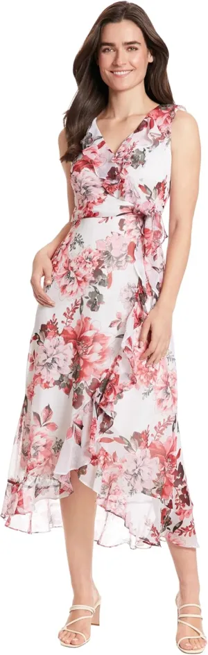 London Times Women's Sleeveless Ruffle Detail Faux Wrap Tie Midi Dress