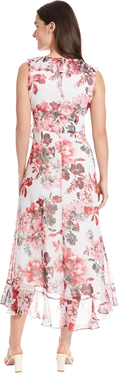 London Times Women's Sleeveless Ruffle Detail Faux Wrap Tie Midi Dress