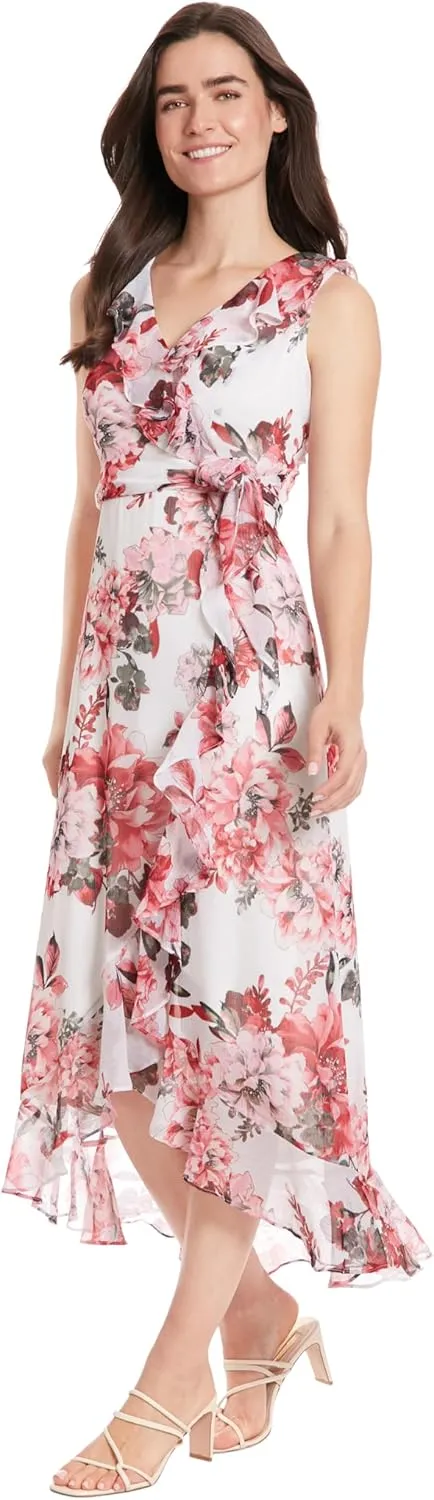 London Times Women's Sleeveless Ruffle Detail Faux Wrap Tie Midi Dress