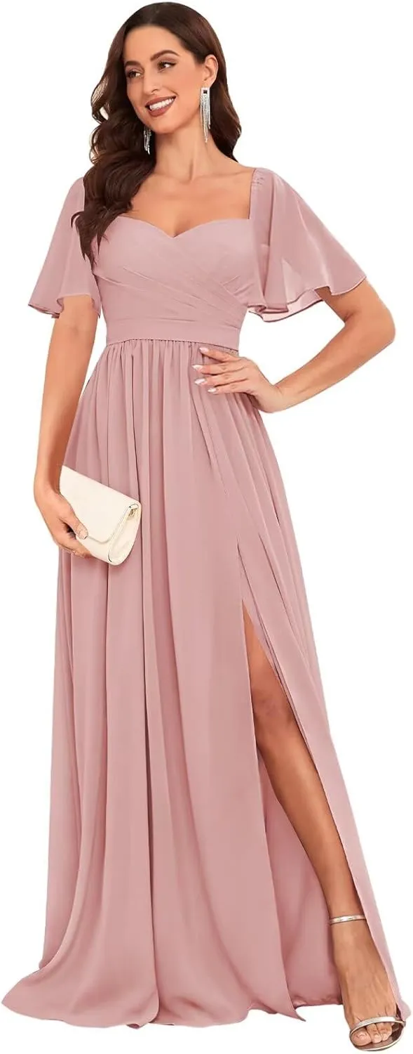 Long Chiffon Bridesmaid Dresses with Sleeves Ruched A-Line Formal Dress Evening Gowns with Slit