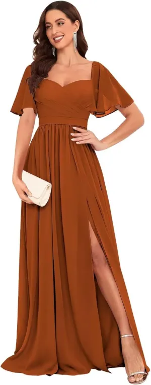 Long Chiffon Bridesmaid Dresses with Sleeves Ruched A-Line Formal Dress Evening Gowns with Slit