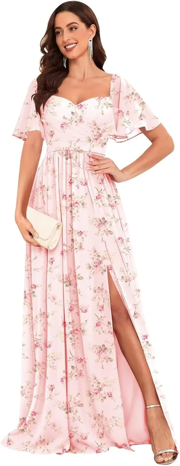 Long Chiffon Bridesmaid Dresses with Sleeves Ruched A-Line Formal Dress Evening Gowns with Slit