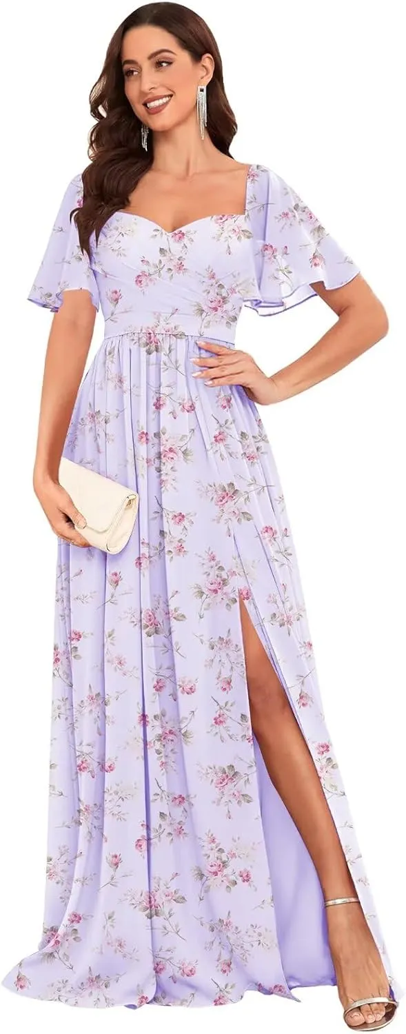 Long Chiffon Bridesmaid Dresses with Sleeves Ruched A-Line Formal Dress Evening Gowns with Slit