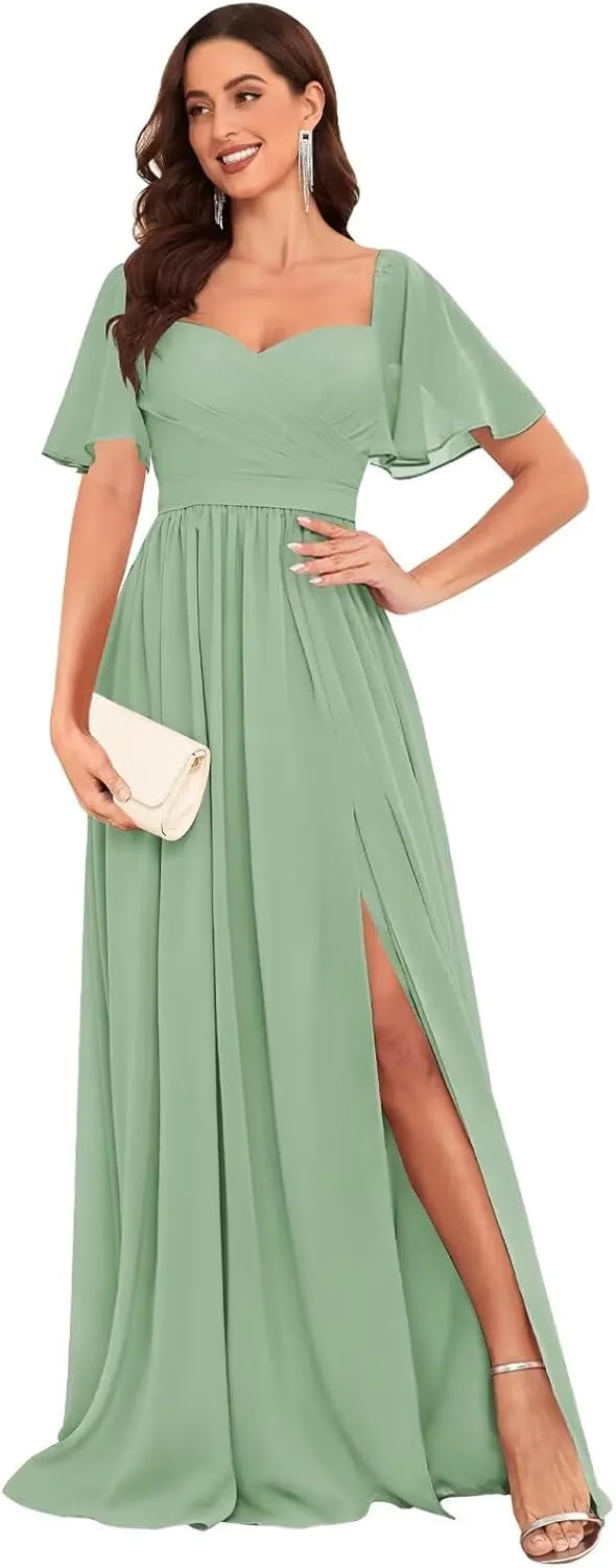 Long Chiffon Bridesmaid Dresses with Sleeves Ruched A-Line Formal Dress Evening Gowns with Slit