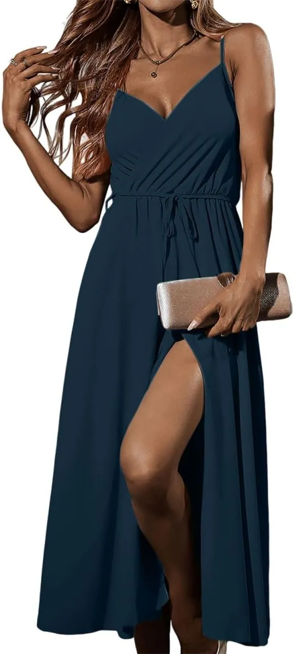 Long Dresses for Women Formal Tie V Neck Off Shoulder Dress High Slit Elegant Party Cocktail A Line Flowy Midi Sundress