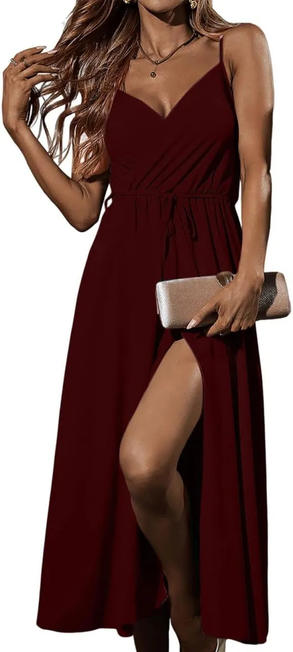 Long Dresses for Women Formal Tie V Neck Off Shoulder Dress High Slit Elegant Party Cocktail A Line Flowy Midi Sundress