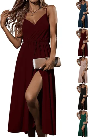 Long Dresses for Women Formal Tie V Neck Off Shoulder Dress High Slit Elegant Party Cocktail A Line Flowy Midi Sundress