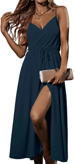 Long Dresses for Women Formal Tie V Neck Off Shoulder Dress High Slit Elegant Party Cocktail A Line Flowy Midi Sundress