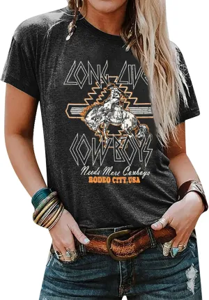 Long Live Cowboys Rodeo City USA T-Shirt Women Western Country Music Retro Graphic Tee Summer O-Neck Short Sleeve Tops