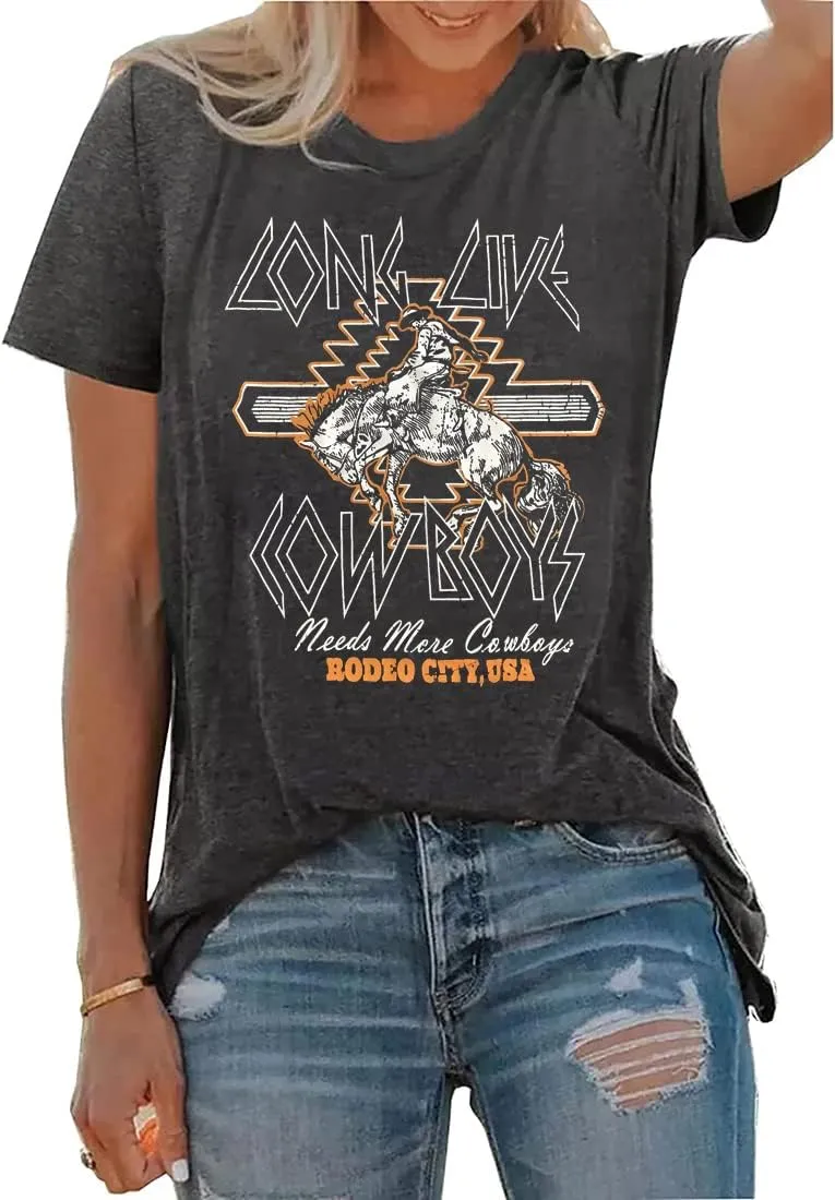 Long Live Cowboys Rodeo City USA T-Shirt Women Western Country Music Retro Graphic Tee Summer O-Neck Short Sleeve Tops