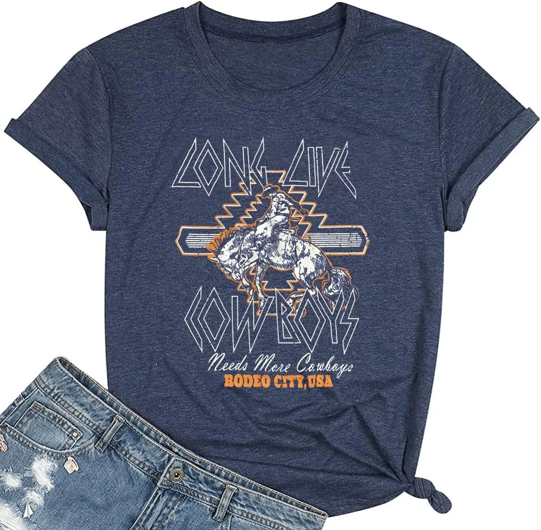 Long Live Cowboys Rodeo City USA T-Shirt Women Western Country Music Retro Graphic Tee Summer O-Neck Short Sleeve Tops