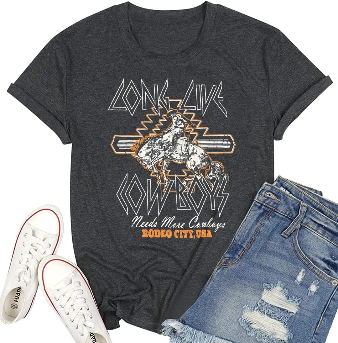 Long Live Cowboys Rodeo City USA T-Shirt Women Western Country Music Retro Graphic Tee Summer O-Neck Short Sleeve Tops