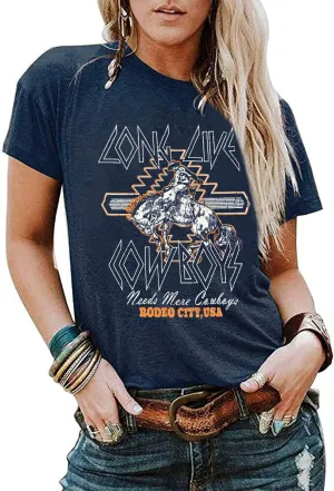 Long Live Cowboys Rodeo City USA T-Shirt Women Western Country Music Retro Graphic Tee Summer O-Neck Short Sleeve Tops