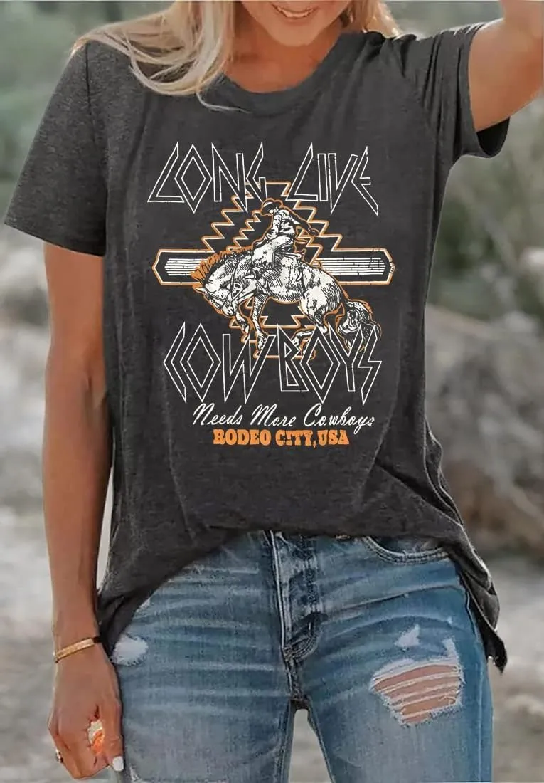 Long Live Cowboys Rodeo City USA T-Shirt Women Western Country Music Retro Graphic Tee Summer O-Neck Short Sleeve Tops