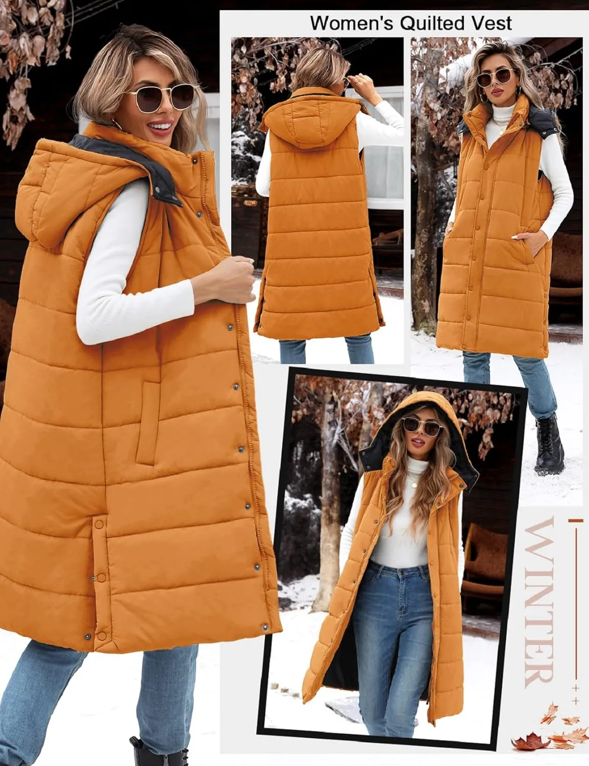 Long Puffer Vest Women With Hood Sleeveless Down Vest Warm Jacket Winter Coat With Pockets