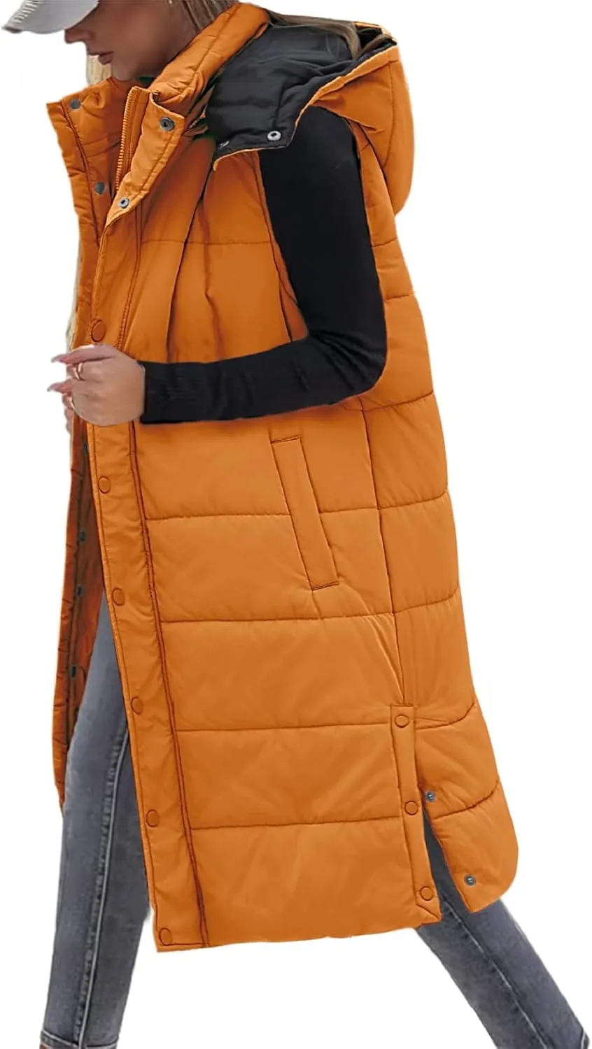 Long Puffer Vest Women With Hood Sleeveless Down Vest Warm Jacket Winter Coat With Pockets