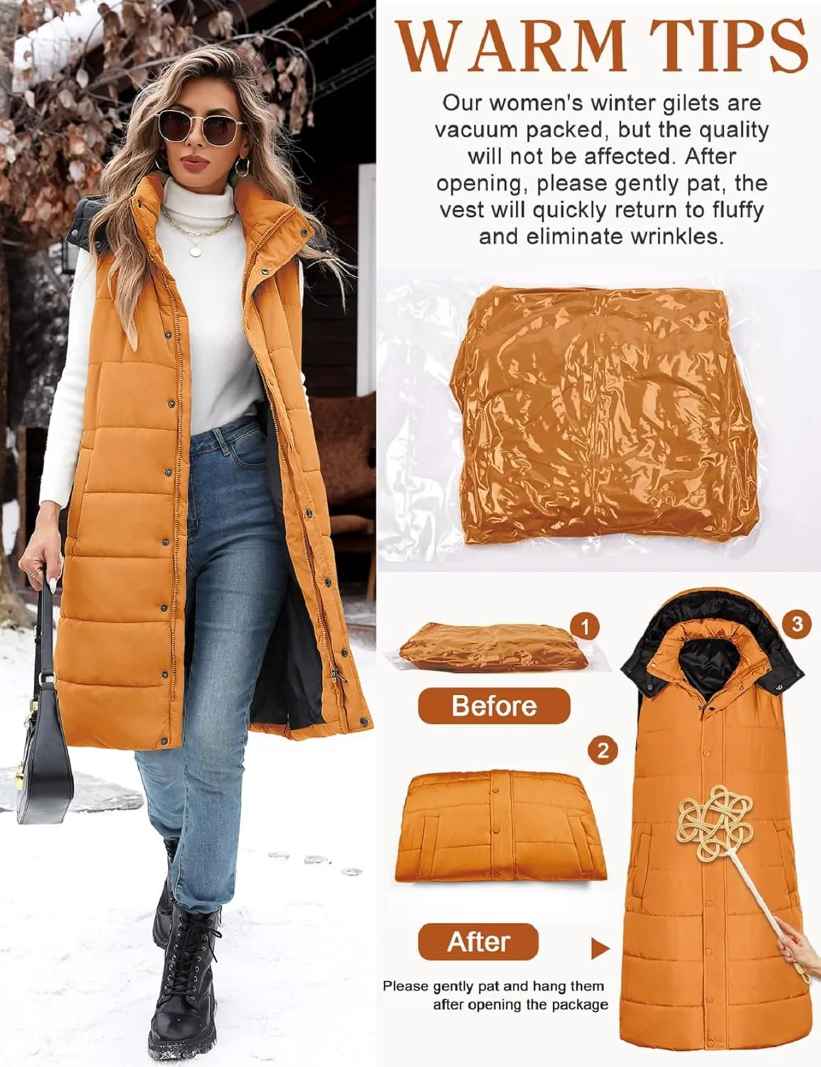 Long Puffer Vest Women With Hood Sleeveless Down Vest Warm Jacket Winter Coat With Pockets