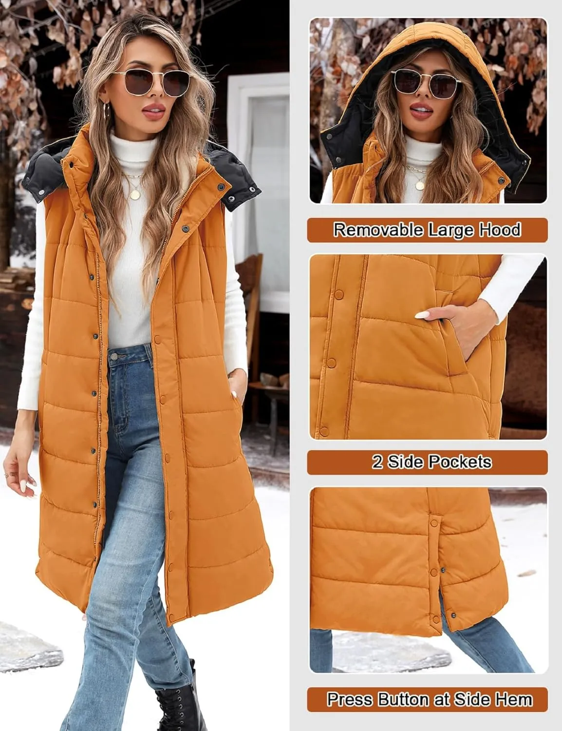 Long Puffer Vest Women With Hood Sleeveless Down Vest Warm Jacket Winter Coat With Pockets