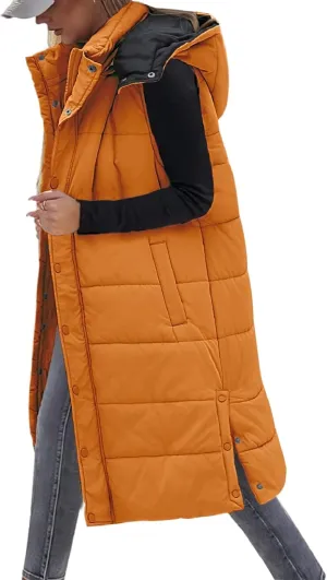 Long Puffer Vest Women With Hood Sleeveless Down Vest Warm Jacket Winter Coat With Pockets