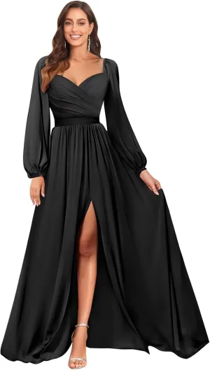 Long Sleeve Bridesmaid Dresses with Slit for Women Sweetheart Ruched Chiffon Formal Gown