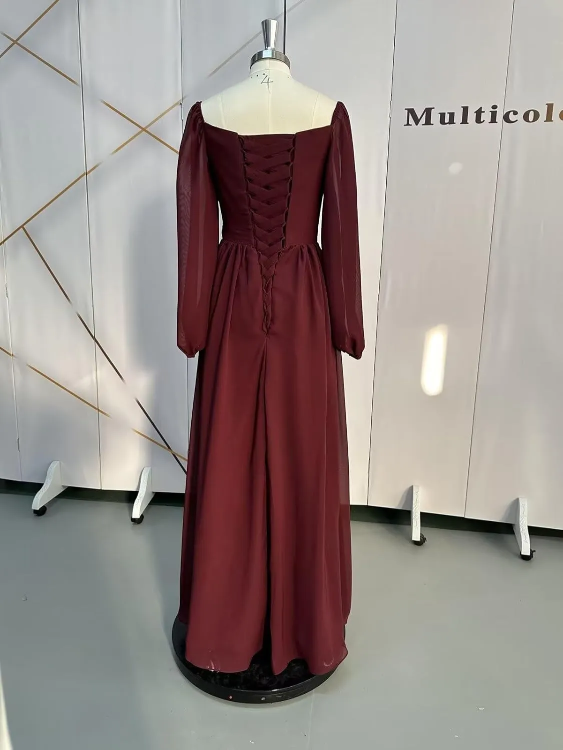 Long Sleeve Bridesmaid Dresses with Slit for Women Sweetheart Ruched Chiffon Formal Gown