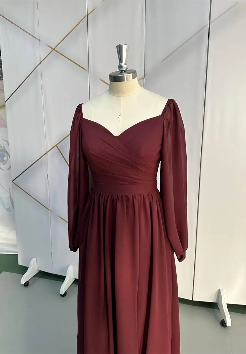 Long Sleeve Bridesmaid Dresses with Slit for Women Sweetheart Ruched Chiffon Formal Gown