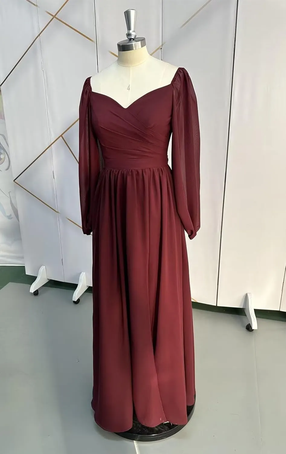 Long Sleeve Bridesmaid Dresses with Slit for Women Sweetheart Ruched Chiffon Formal Gown