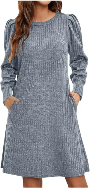 Long Sleeve Ribbed Knit Long Sleeve Dress with Pockets for Women Casual Winter Fall Midi Wedding Guest Work Outfits