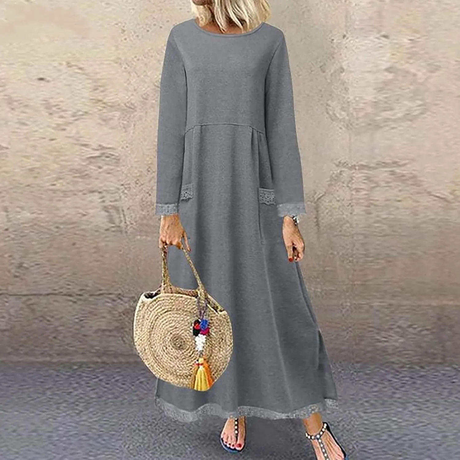 Long Sleeve Sweatshirt Maxi Dress for Women Casual Lace Trim Long Dresses Crewneck Loose Pocket Ankle Dresses