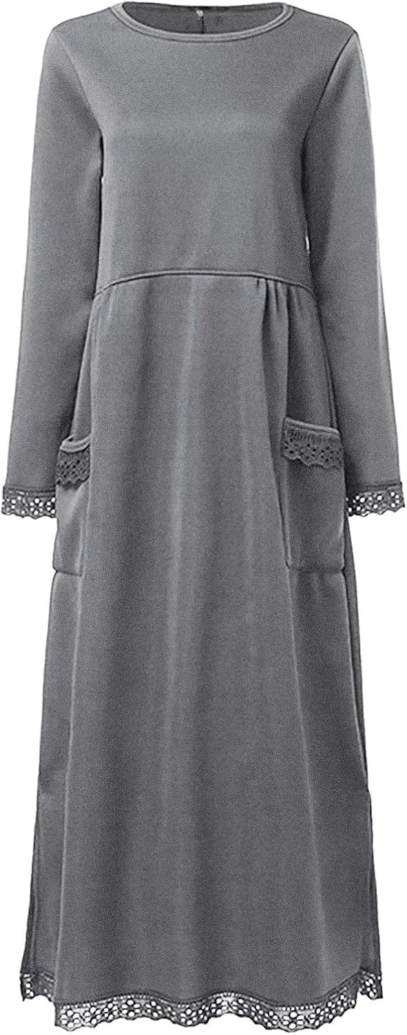 Long Sleeve Sweatshirt Maxi Dress for Women Casual Lace Trim Long Dresses Crewneck Loose Pocket Ankle Dresses