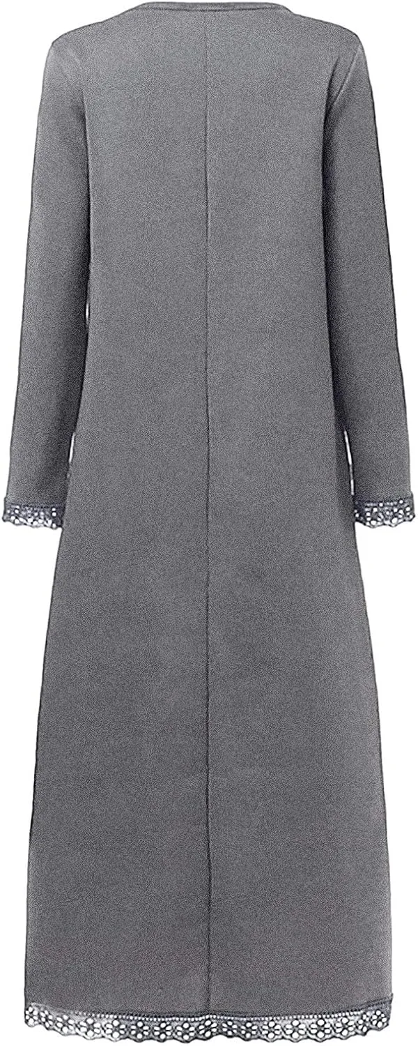 Long Sleeve Sweatshirt Maxi Dress for Women Casual Lace Trim Long Dresses Crewneck Loose Pocket Ankle Dresses