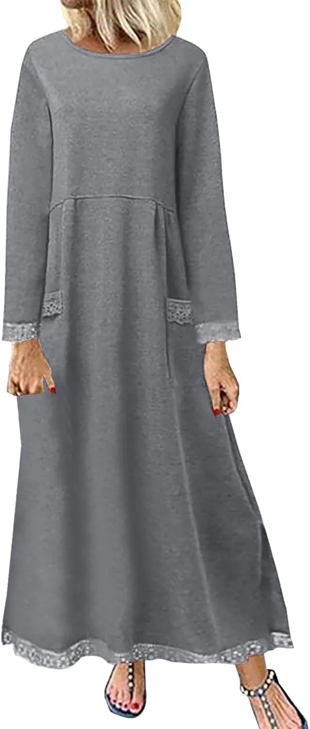 Long Sleeve Sweatshirt Maxi Dress for Women Casual Lace Trim Long Dresses Crewneck Loose Pocket Ankle Dresses