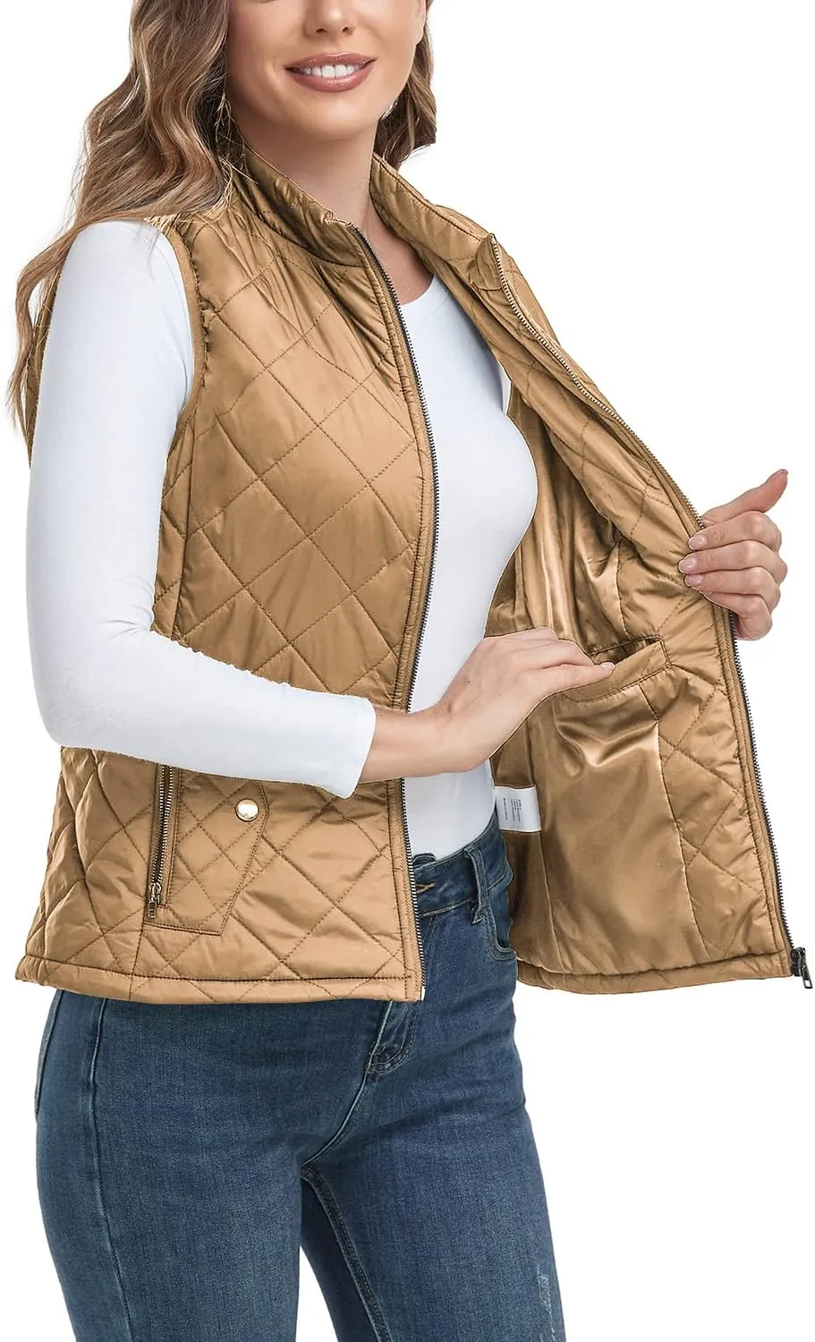 LONGKING 2025 Upgraded, Women's Outwear Vest With One Inner Pocket - Stand Collar Lightweight Zip Quilted Vest for Women