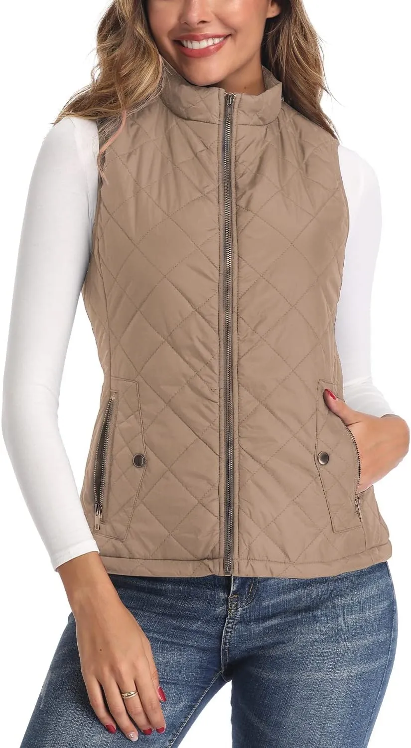 LONGKING Women's Vest, Stand Collar Lightweight Zip Quilted Vest for Women