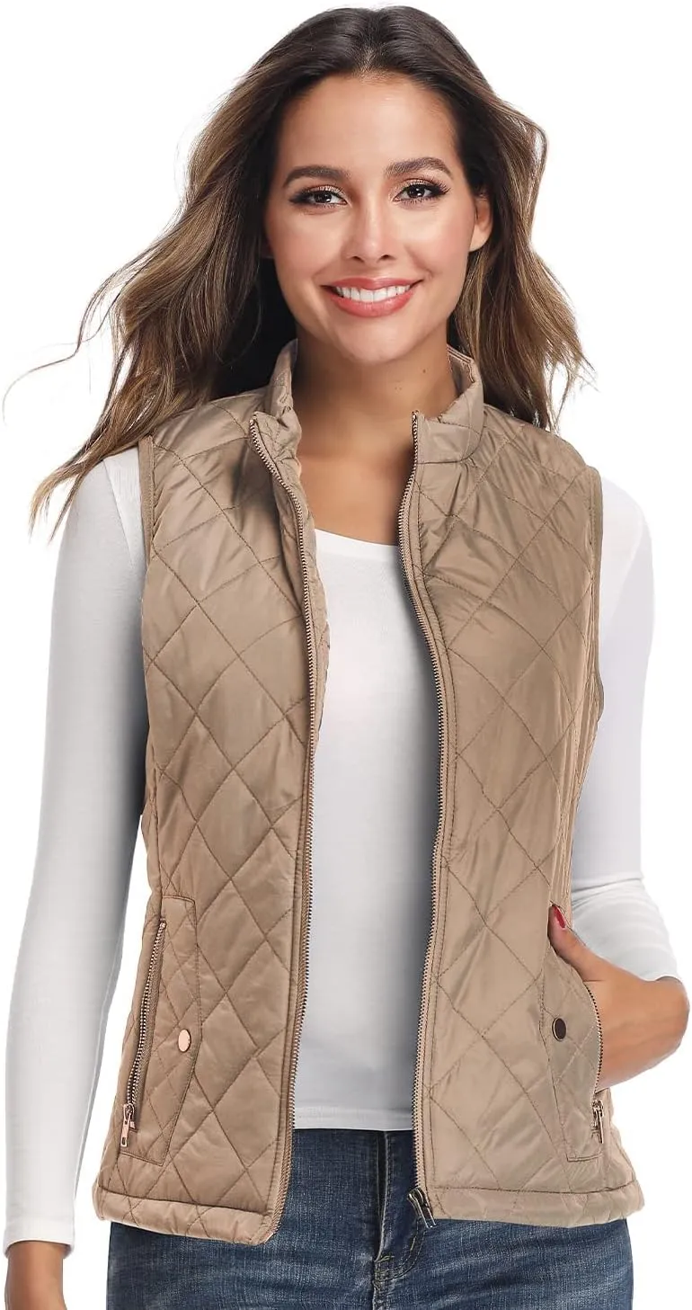 LONGKING Women's Vest, Stand Collar Lightweight Zip Quilted Vest for Women