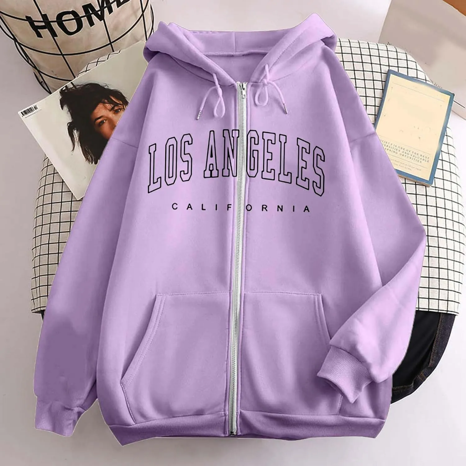 Los Angeles Zipper Hoodies for Women Teen Girls Oversized Full Zip Up Long Sleeve Hooded Sweatshirt Coat Fall Fashion Outfits