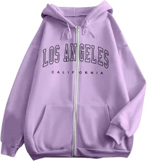 Los Angeles Zipper Hoodies for Women Teen Girls Oversized Full Zip Up Long Sleeve Hooded Sweatshirt Coat Fall Fashion Outfits
