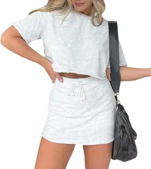 Lounge Cropped Tee Skort Set, Women's 2 Piece Outfits with Shorts, Summer Solid Color Drawstring Sweat Skirt Sets