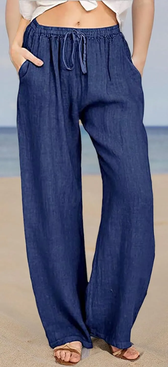 loveimgs Women's Casual Wide Leg Elastic Waist Loose Lightweight Summer Linen Beach Pants Drawstring
