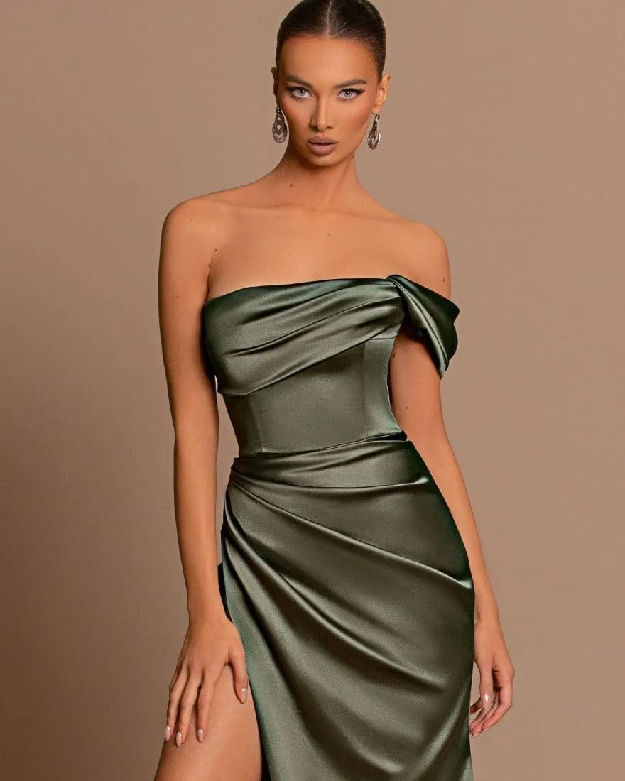 Loyeloy One Shoulder Mermaid Bridesmaid Dresses with Slit 2024 Pleats Satin Formal Evening Gowns for Women 2024