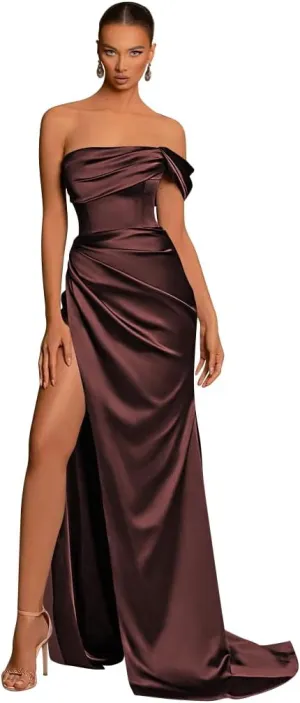 Loyeloy One Shoulder Mermaid Bridesmaid Dresses with Slit 2024 Pleats Satin Formal Evening Gowns for Women 2024