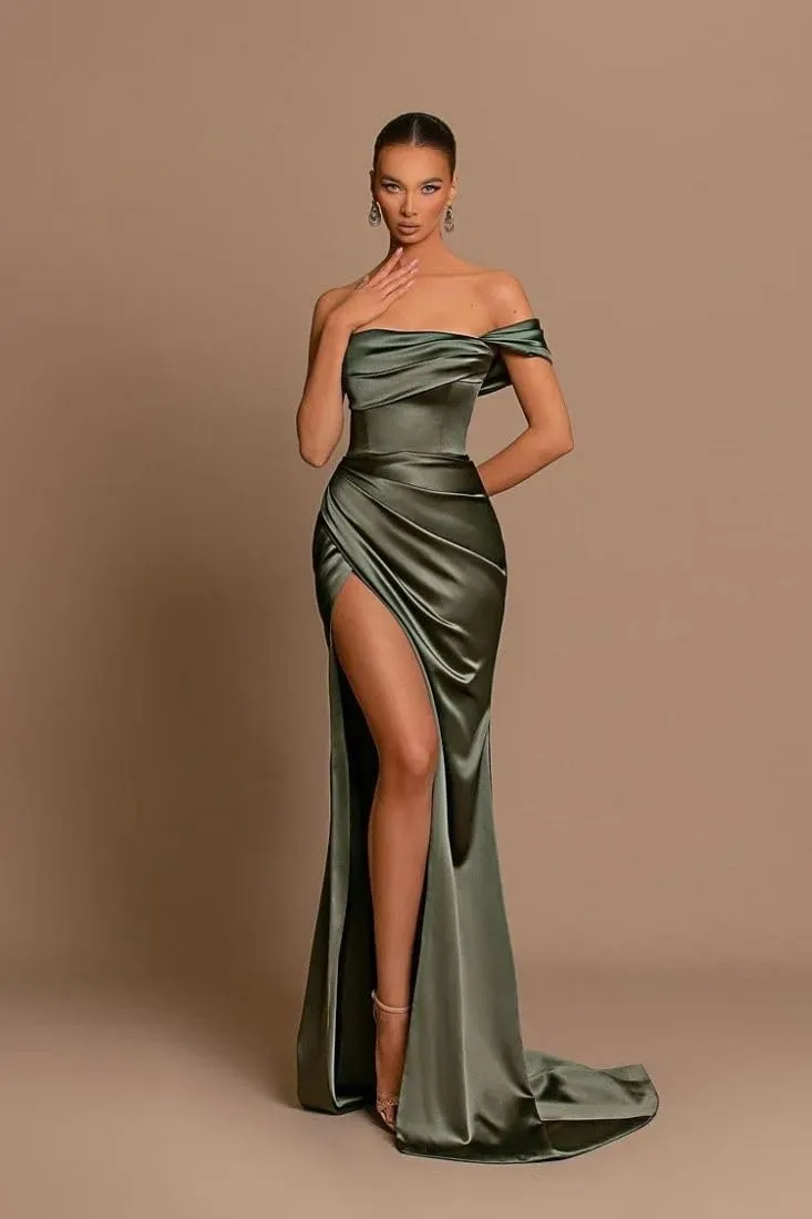 Loyeloy One Shoulder Mermaid Bridesmaid Dresses with Slit 2024 Pleats Satin Formal Evening Gowns for Women 2024