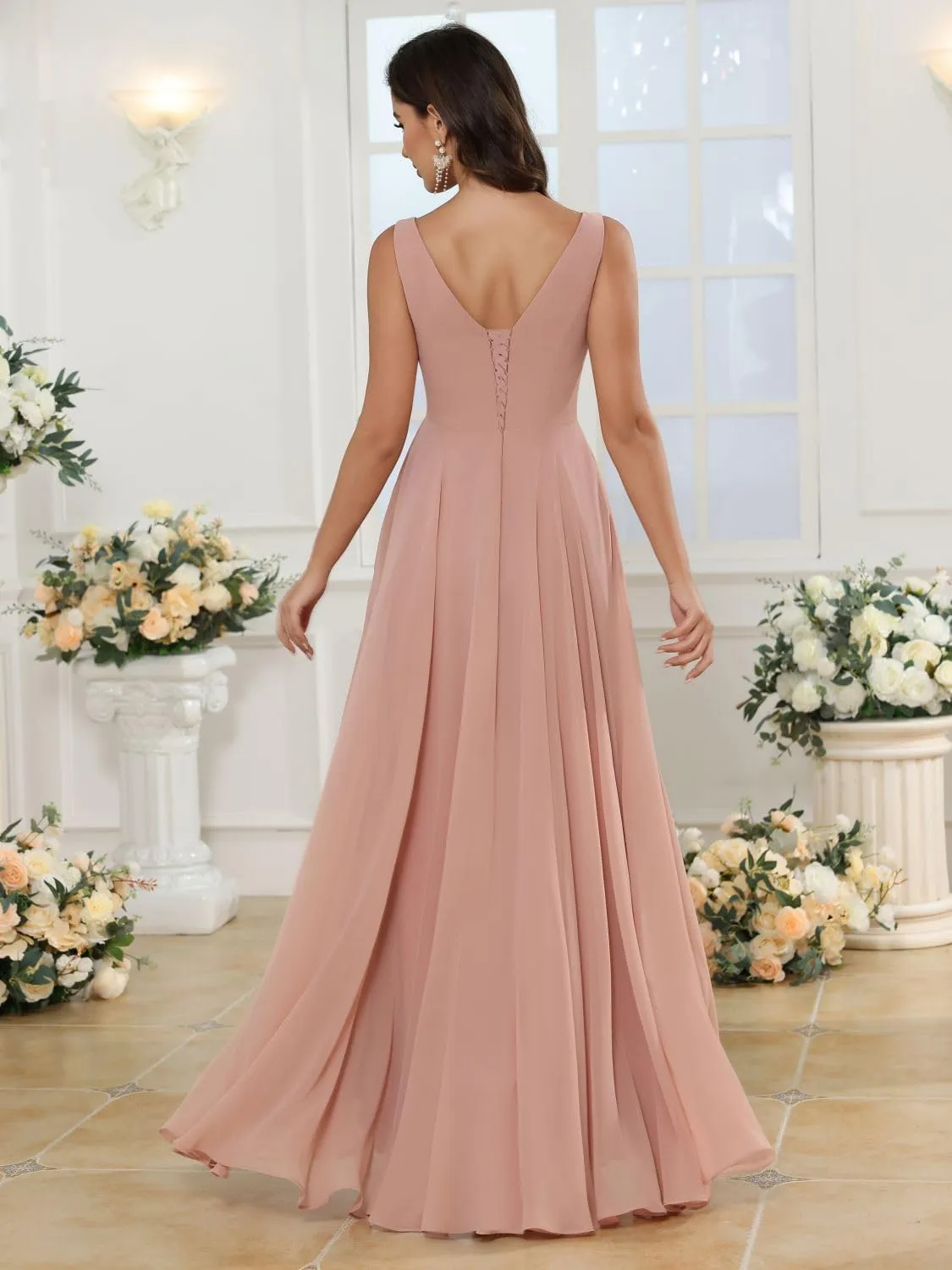 Loyeloy Women's V Neck Bridesmaid Dresses with Slit 2025 Chiffon A-line Formal Evening Gowns with Pockets YJ212