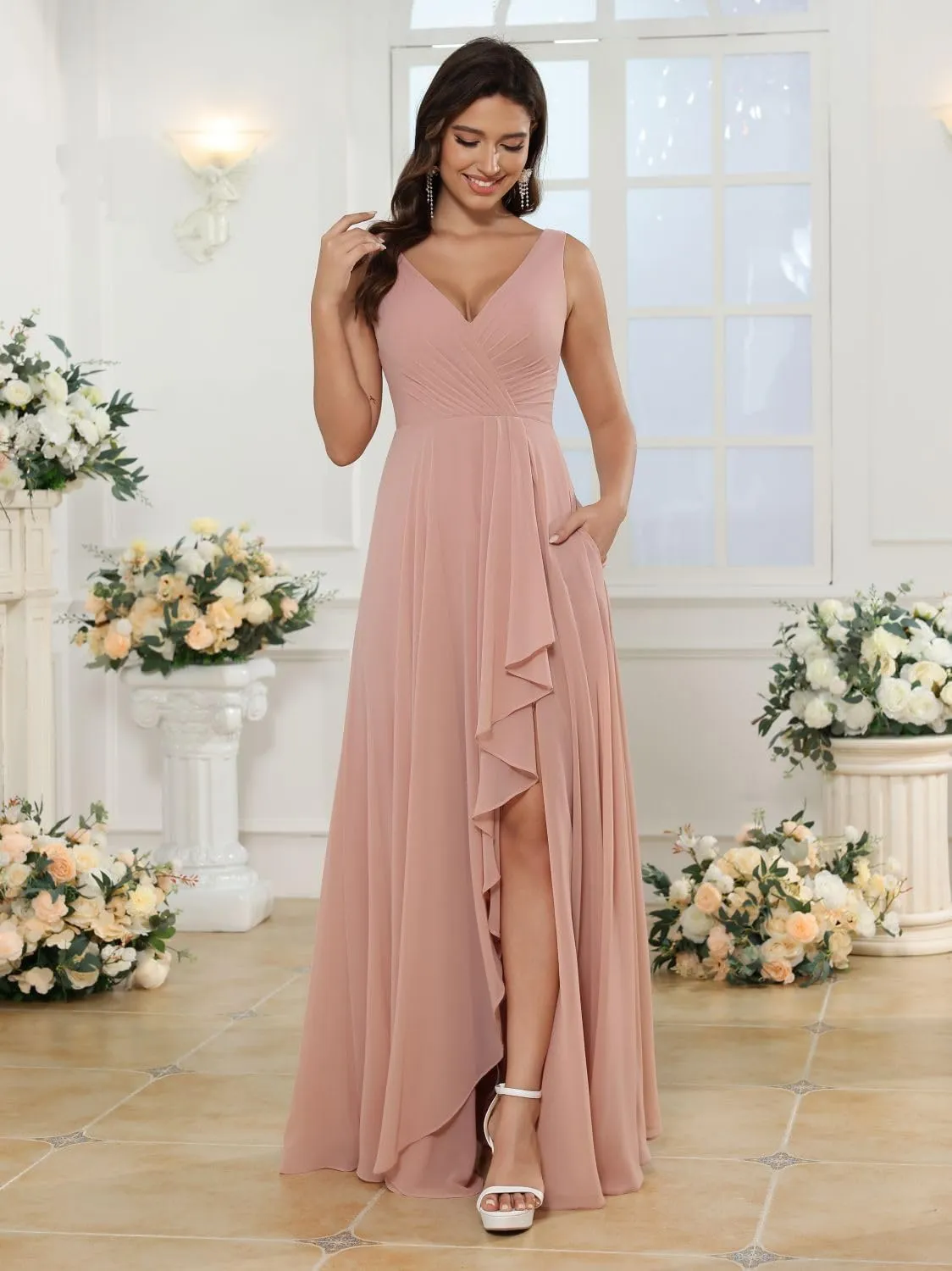 Loyeloy Women's V Neck Bridesmaid Dresses with Slit 2025 Chiffon A-line Formal Evening Gowns with Pockets YJ212
