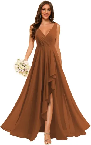 Loyeloy Women's V Neck Bridesmaid Dresses with Slit 2025 Chiffon A-line Formal Evening Gowns with Pockets YJ212