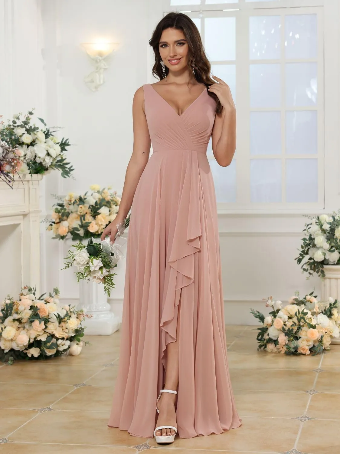 Loyeloy Women's V Neck Bridesmaid Dresses with Slit 2025 Chiffon A-line Formal Evening Gowns with Pockets YJ212