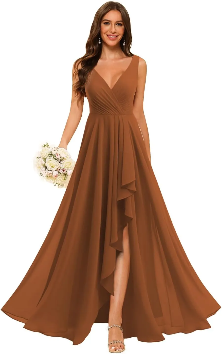 Loyeloy Women's V Neck Bridesmaid Dresses with Slit 2025 Chiffon A-line Formal Evening Gowns with Pockets YJ212