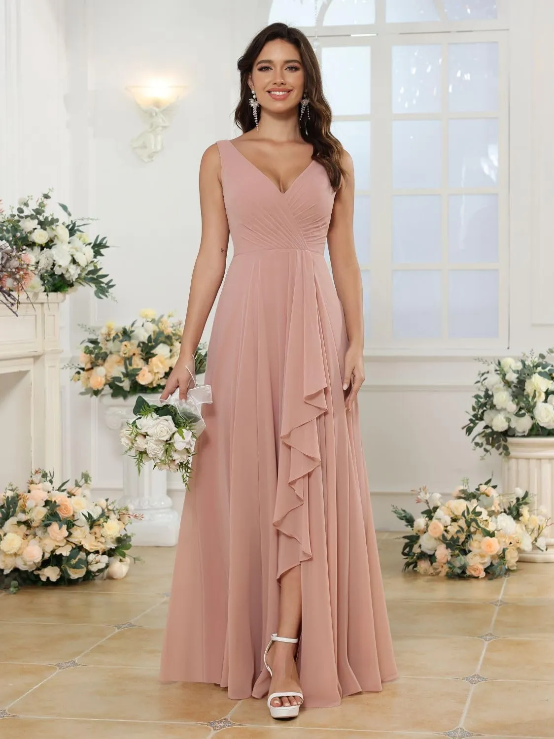 Loyeloy Women's V Neck Bridesmaid Dresses with Slit 2025 Chiffon A-line Formal Evening Gowns with Pockets YJ212